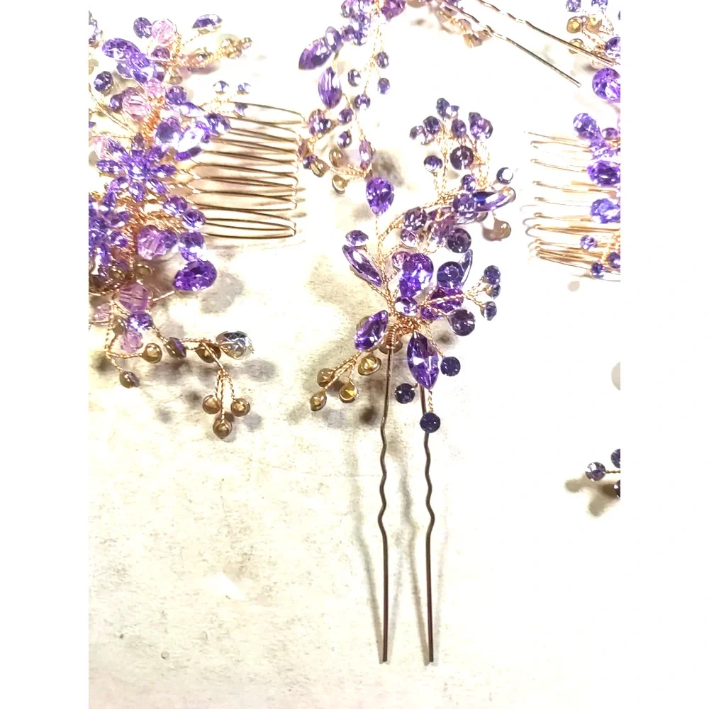 Barrettes Hair Picks And Combs Gold Tone Purple Rhinestone Fancy Party Prom...